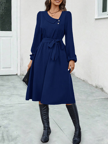 A-Line Long Sleeves Buttoned Solid Color Tied Waist Asymmetric Collar Midi Dresses