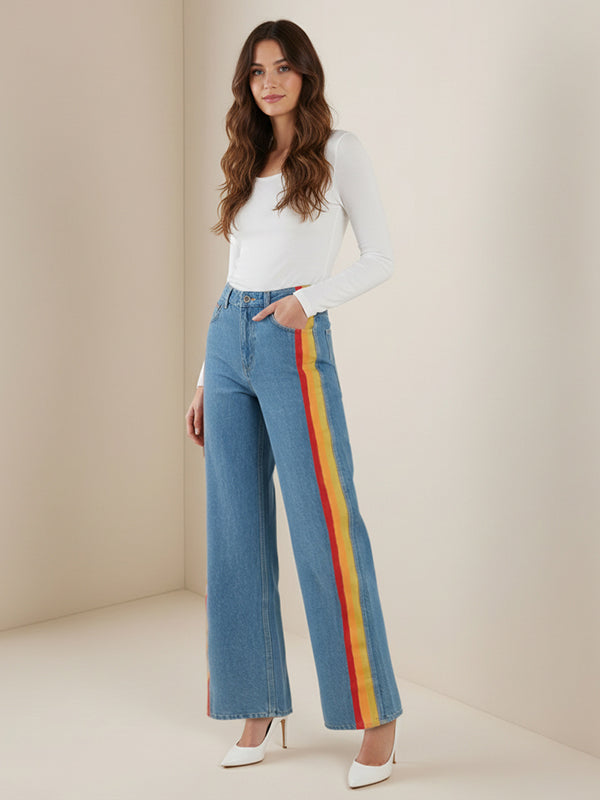 Wide Leg Contrast Color Plain Pockets Jean Pants Bottoms
