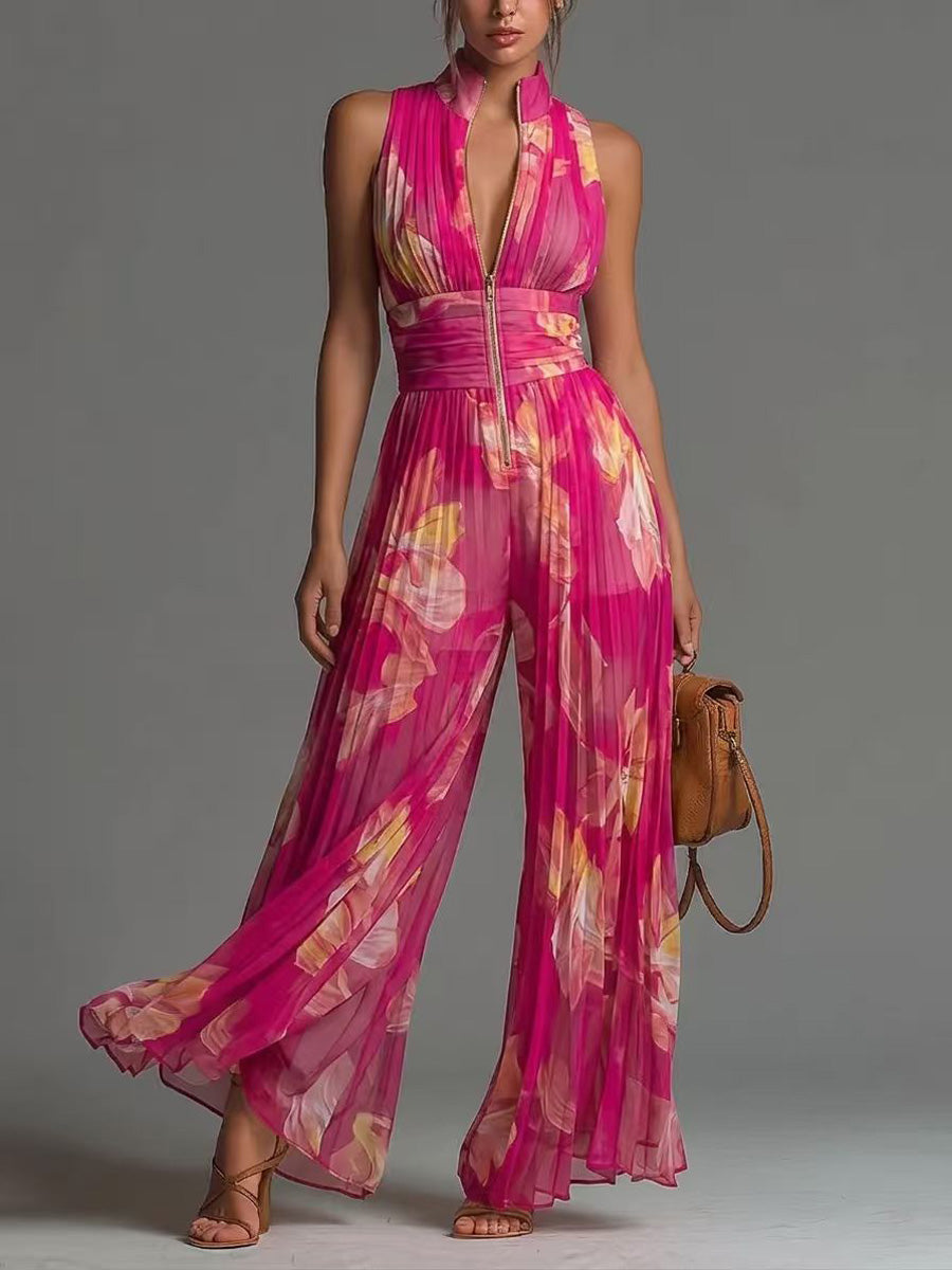 High Waisted Sleeveless Flower Print Pleated Zipper V-Neck Jumpsuits