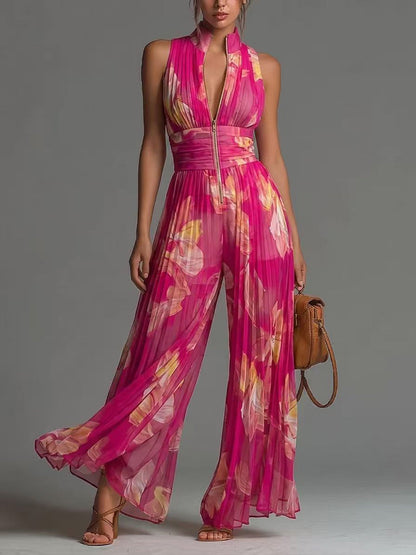 High Waisted Sleeveless Flower Print Pleated Zipper V-Neck Jumpsuits