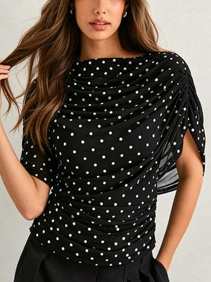 See-Through Ruched Polka-Dot Contrast Color Sleeveless Skinny Heaps Collar Blouses&shirts Tops