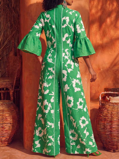 Zipper Pockets Flower Print Contrast Color Wide Leg Three-quarter Sleeves V-neck Jumpsuits