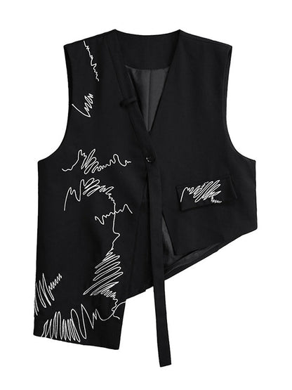 Sleeveless Asymmetric Buttoned Embroidered V-Neck Vest Top