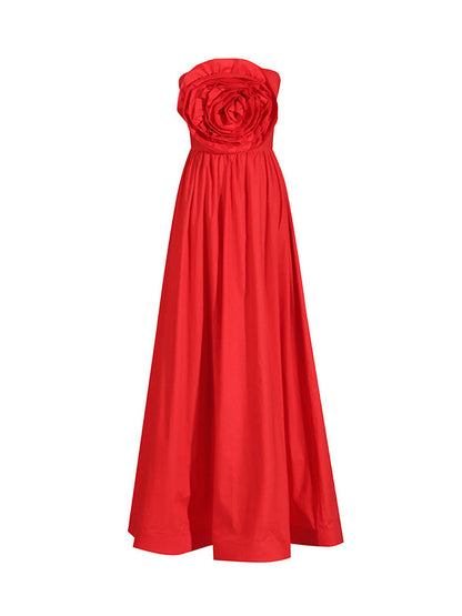 High Waisted Loose Pleated Solid Color Split-Joint Three-Dimensional Flower Zipper Tube Maxi Dresses