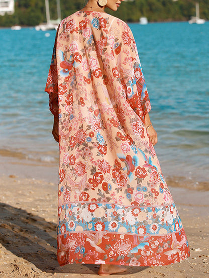 Long Sleeves Loose Flower Print Sun protection Collarless Cover-Ups Tops