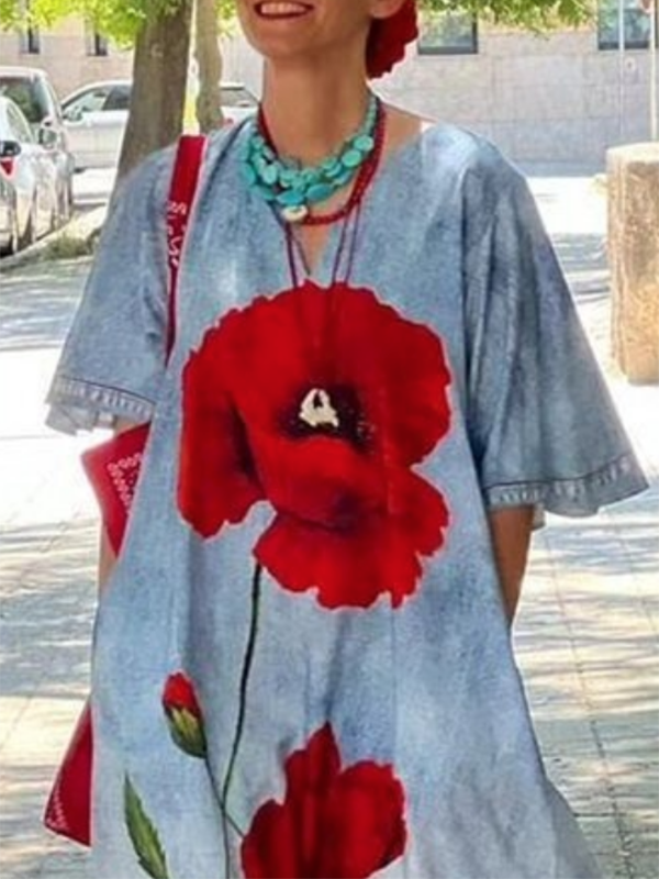 Half Sleeves Loose Flower Print V-Neck Maxi Dresses