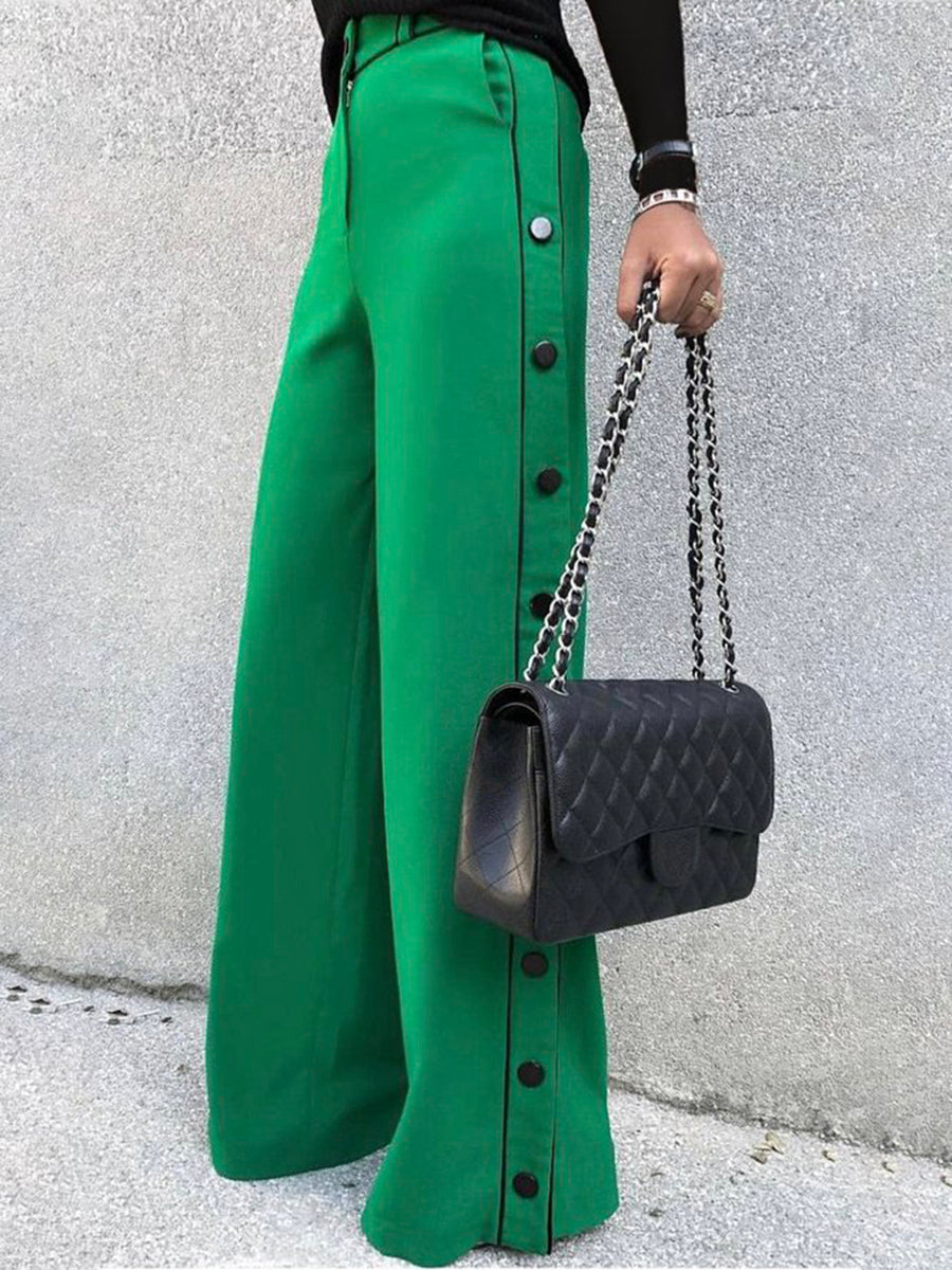 High Waisted Wide Leg Buttoned Contrast Color Line Pockets Pants Trousers