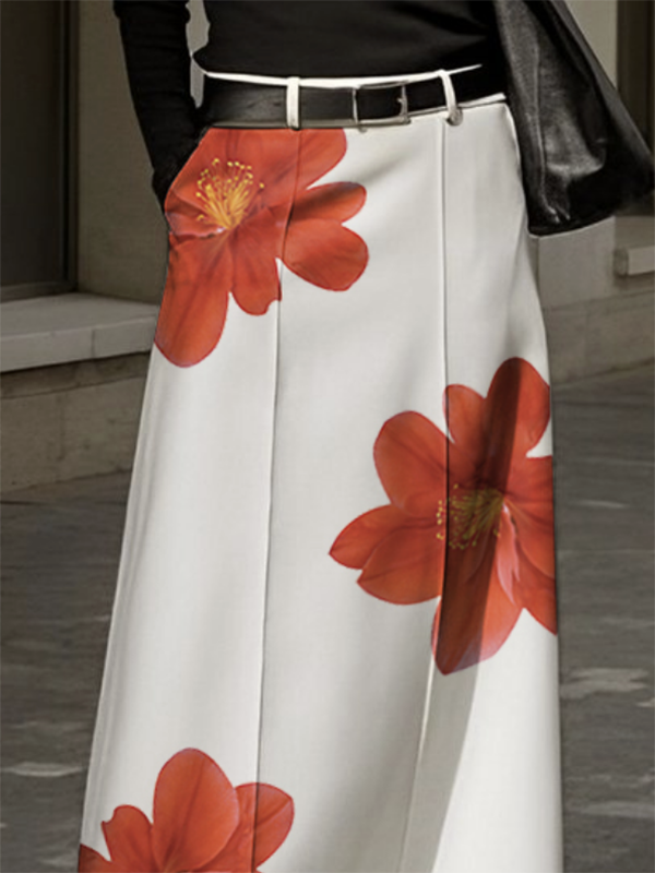 A-Line Loose Flower Print No Belt Skirts Bottoms