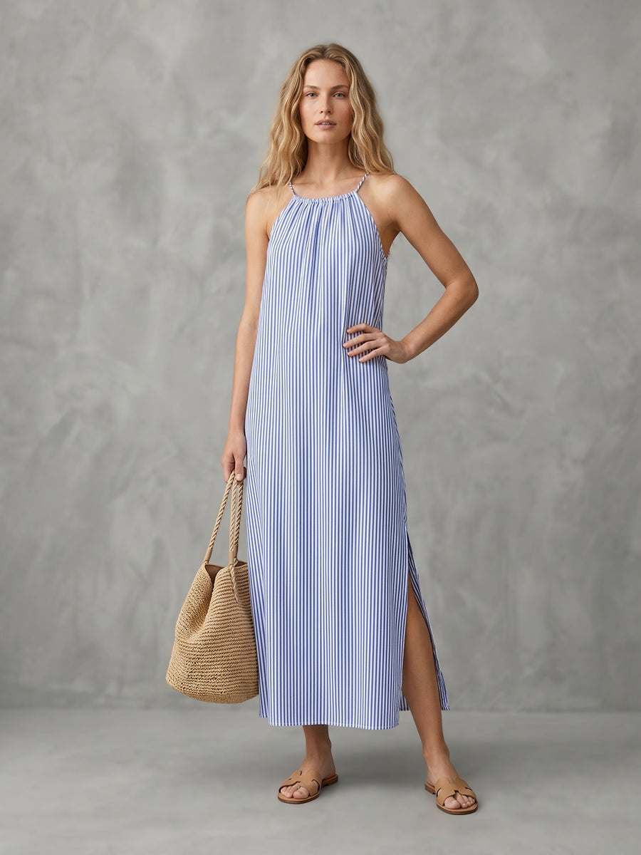 A-Line Loose Contrast Color Pleated Striped Halter-Neck Maxi Dresses