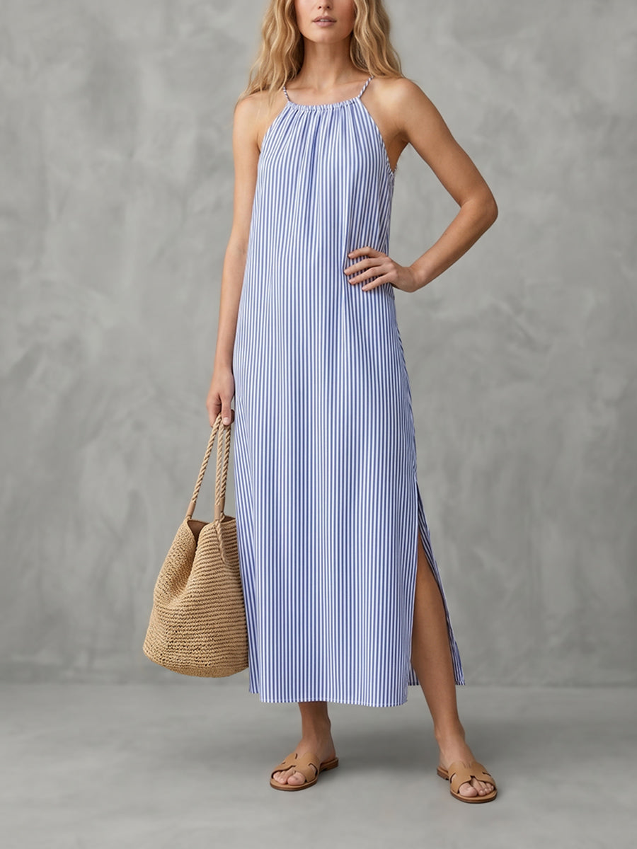 A-Line Loose Contrast Color Pleated Striped Halter-Neck Maxi Dresses