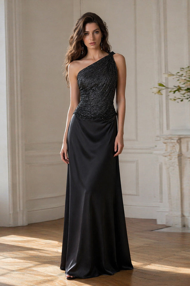 Black One-Shoulder Embellished Satin Evening Gown