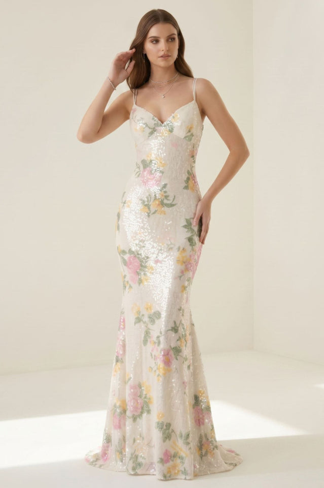 Elora Floral Sequin Lace-Up Mermaid Dress
