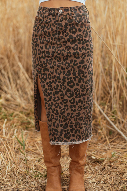 Leopard Denim Frayed Split Denim Midi Skirt