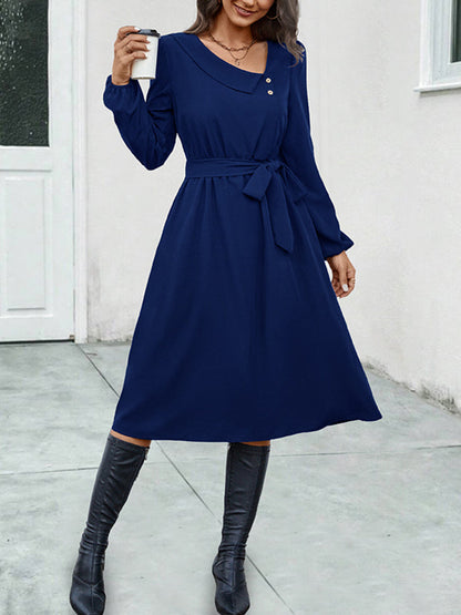 A-Line Long Sleeves Buttoned Solid Color Tied Waist Asymmetric Collar Midi Dresses