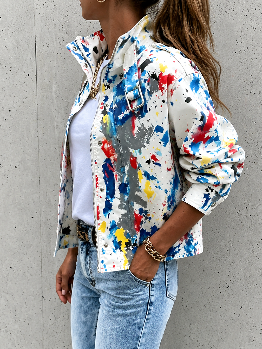 Zipper Split-Joint Printed Contrast Color Buttoned Loose Long Sleeves Stand Collar Outerwear Jackets