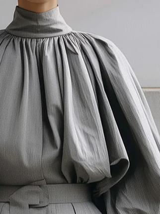 Long Sleeves Loose Pleated Solid Color High Neck Blouses&Shirts Tops