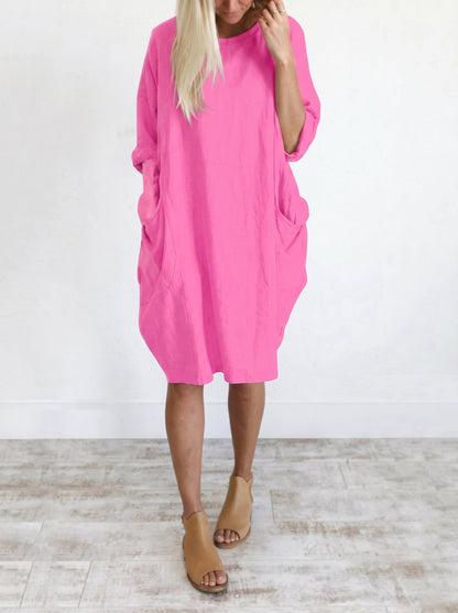 Long Sleeves Loose Pockets Solid Color Round-Neck Mini Dresses
