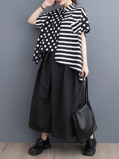 Loose Short Sleeves Buttoned Contrast Color Pockets Polka-Dot Split-Back Split-Joint Striped Lapel Blouses&Shirts Tops