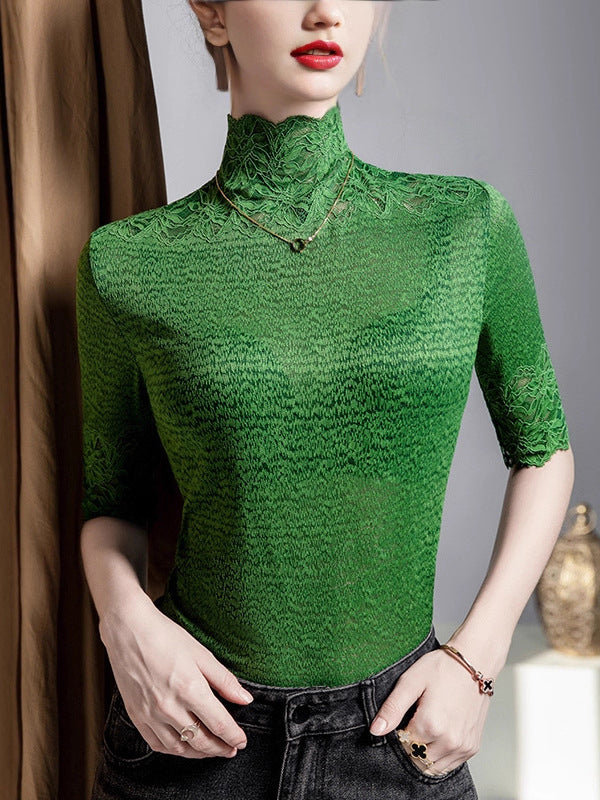 False Two Half Sleeves Slightly Sheer Split-Joint Textured High Neck T-Shirts Tops