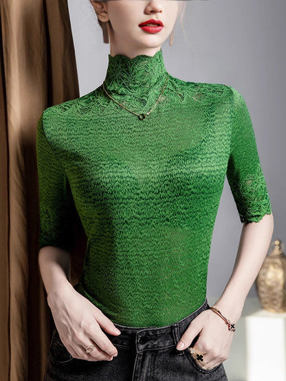 False Two Half Sleeves Slightly Sheer Split-Joint Textured High Neck T-Shirts Tops