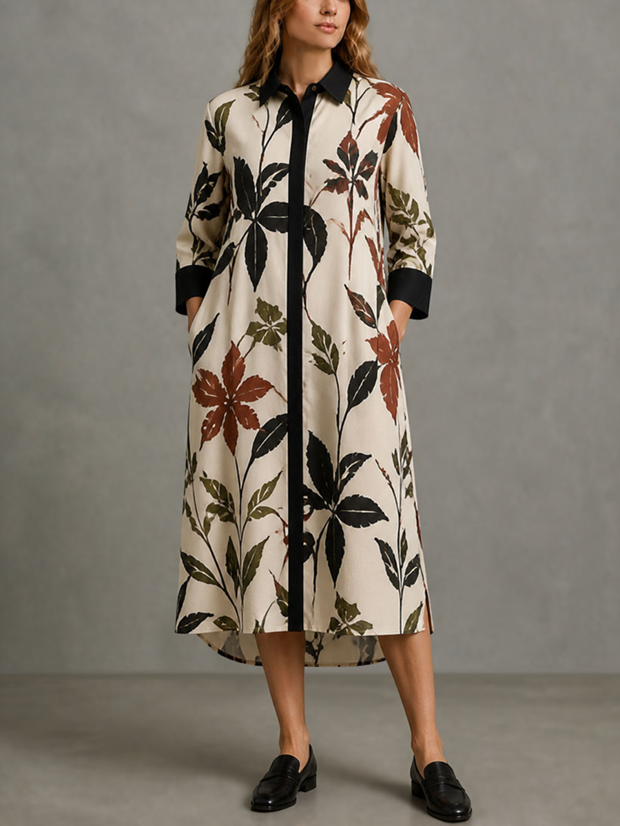 Split-side Pockets Leaves Print Buttoned Three-quarter Sleeves Loose Lapel Shirt Dress Midi Dresses