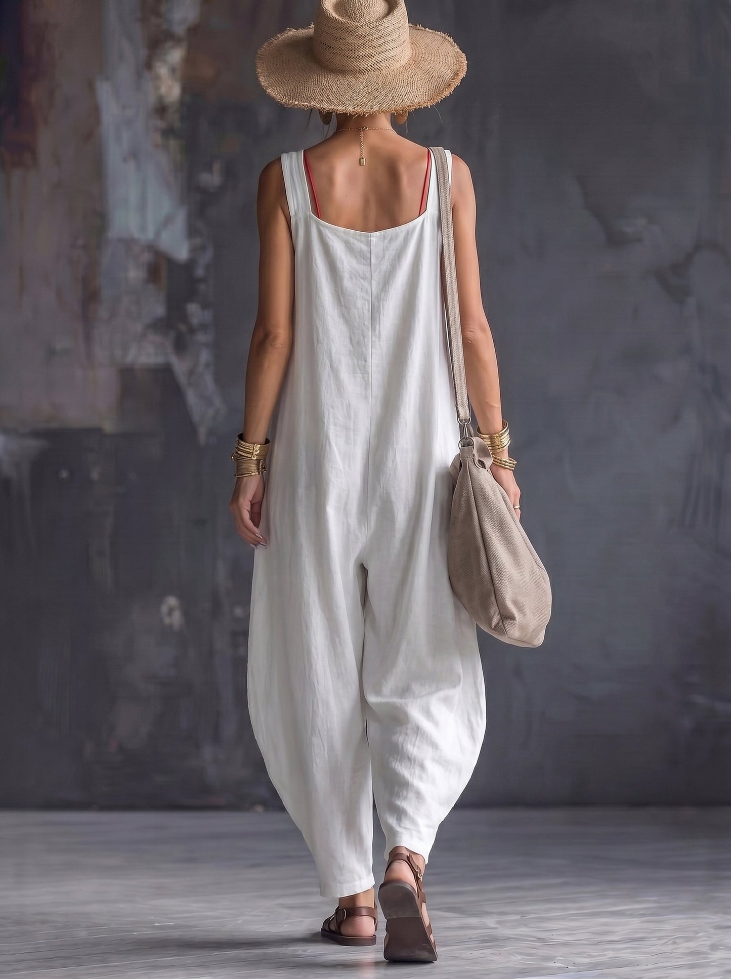 Loose Sleeveless Pockets Solid Color Square-Neck Jumpsuits