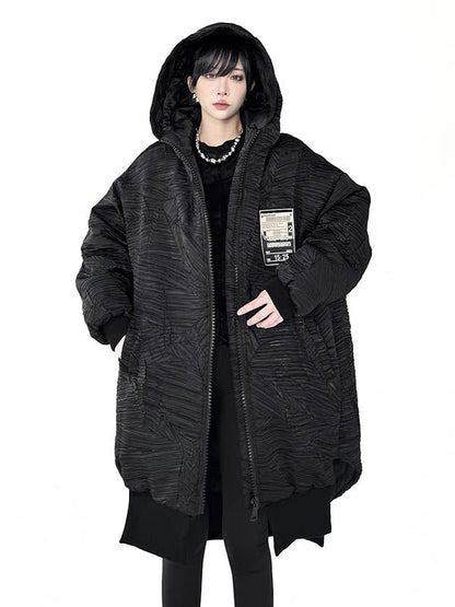 High-Low Irregularity Abstract Printed Contrast Color Split-Joint Zipper Hooded Outerwear Overcoat