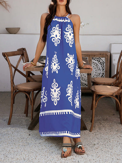A-Line Loose Contrast Color Halter-Neck Maxi Dresses
