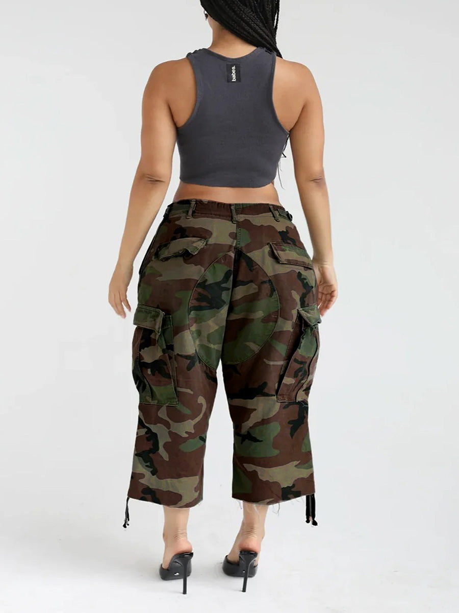 High Waisted Wide Leg Buttoned Contrast Color No Belt Pockets Tasseled Zipper Cropped Trousers Pants