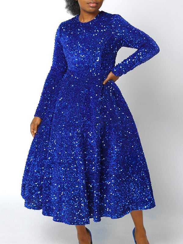 Robe longue trapèze taille haute à paillettes, fermeture éclair fendue et col rond 