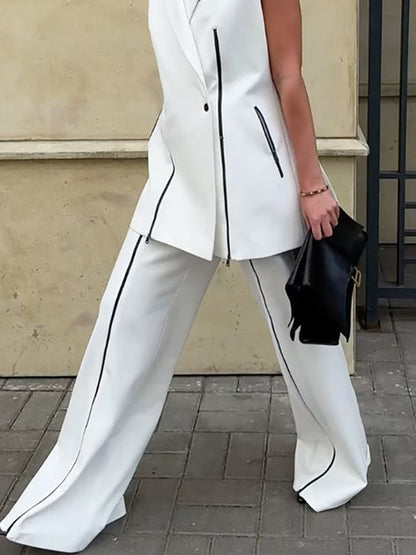 High Waisted Loose Contrast Color Solid Color Zipper Pants Trousers