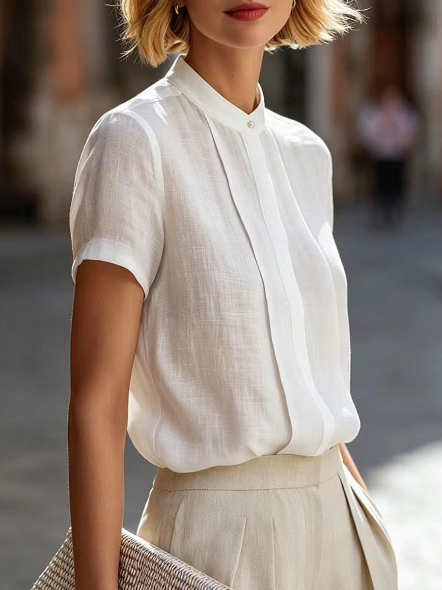 Loose Short Sleeves Buttoned Solid Color Split-Joint Round-Neck Blouses&Shirts Tops