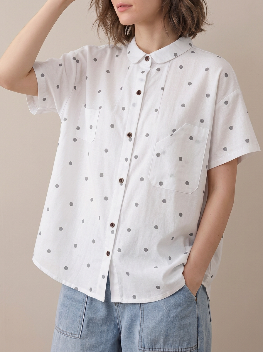 Loose Plus Size Buttoned Contrast Color Pockets Polka Dot Lapel Blouses&Shirts Tops