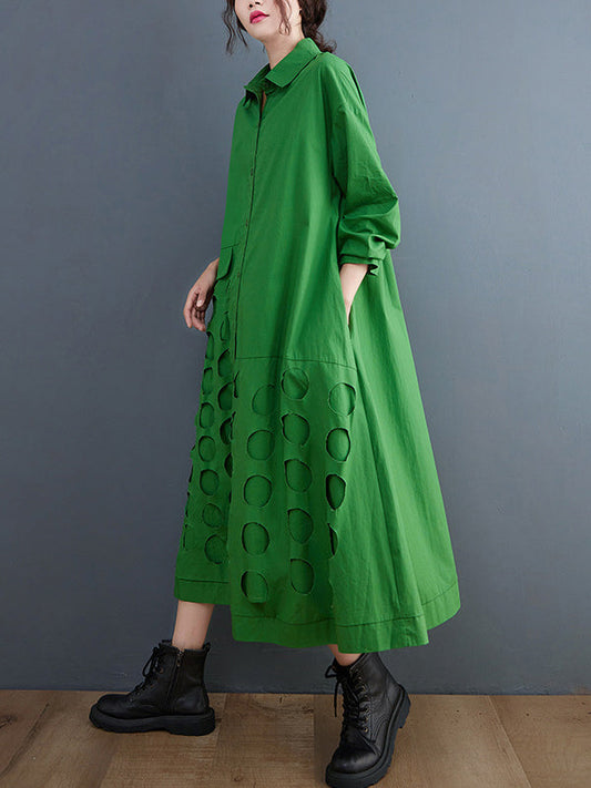 A-Line Long Sleeves Asymmetric Hollow Polka-Dot Solid Color Lapel Midi Dresses