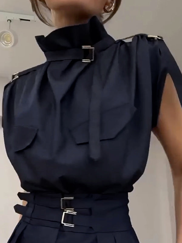 Loose Sleeveless Buckle Solid Color Stand Collar Blouses&Shirts Tops