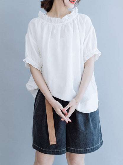 Half Sleeves Loose Ruffled Solid Color Round-Neck T-Shirts Tops