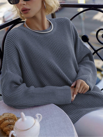 Long Sleeves Loose Solid Color Split-Joint Round-Neck Sweater Tops LIGHT GRAY