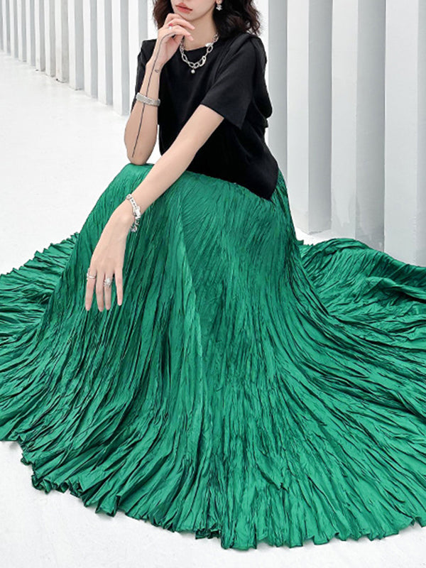 Jupes trapèze plissées taille haute à coupe irrégulière de couleur unie 