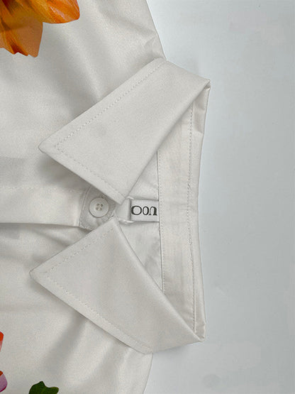 Puff Sleeves Asymmetric Floral Printed Split-Joint Lapel Blouses&Shirts Tops