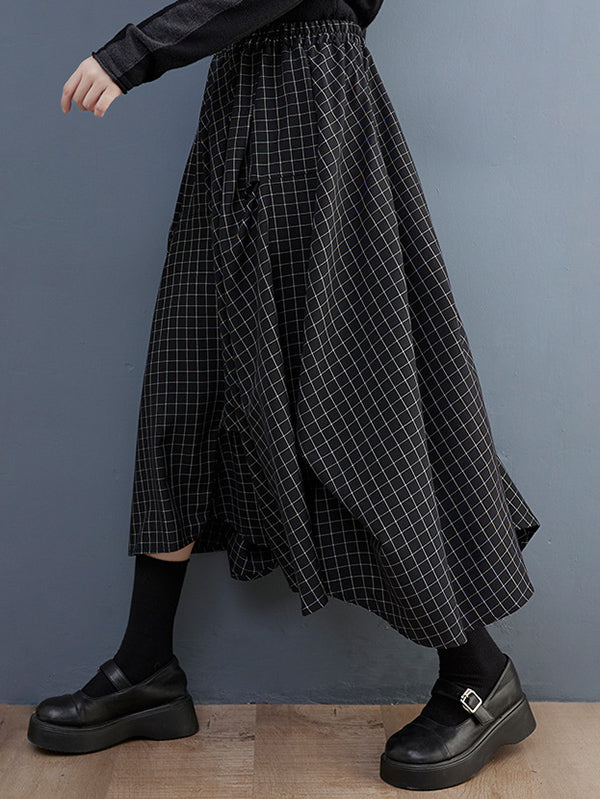 Loose Irregular Clipping Plaid Asymmetric Elasticity Skirts Bottoms