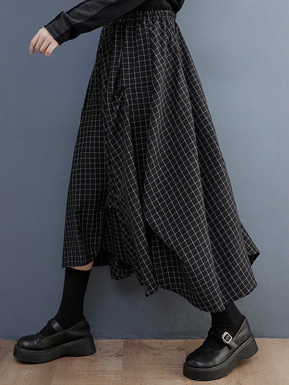Loose Irregular Clipping Plaid Asymmetric Elasticity Skirts Bottoms