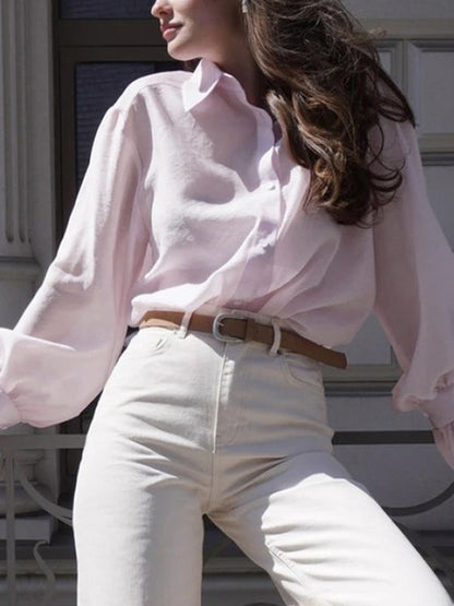 Loose Puff Sleeves Pleated Solid Color Split-Joint Lapel Blouses&Shirts Tops