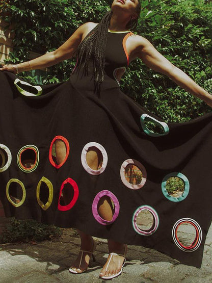 A-Line High Waisted Contrast Color Hollow Round-Neck Maxi Dresses