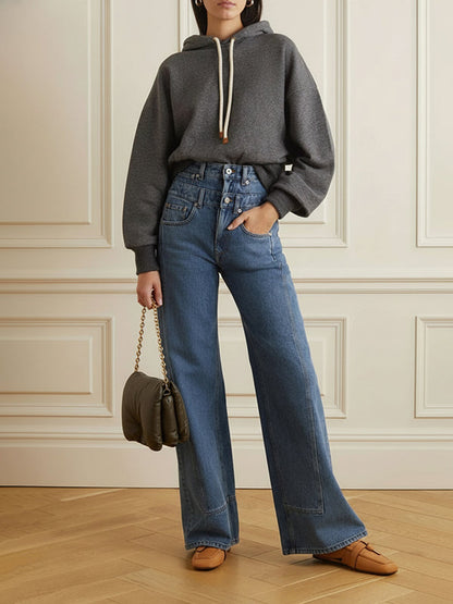 High Waisted Loose Buttoned No Belt Pockets Split-Joint Jean Pants Bottoms