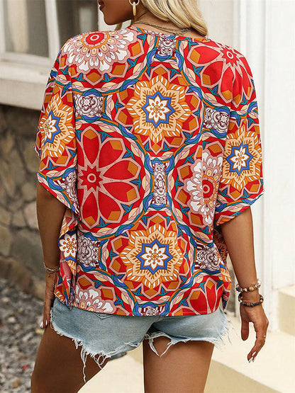Batwing Sleeves Loose Buttoned Flower Print V-Neck Blouses&Shirts Tops