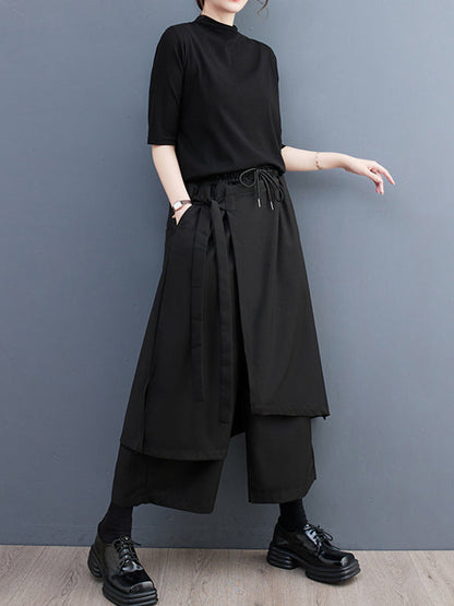Wide Leg Loose Drawstring Solid Color Casual Pants Bottoms Culotte