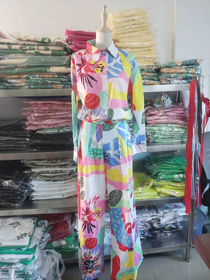Contrast Color Printed Long Sleeves Buttoned Lapel Blouses Top+ High Waisted Pants Bottom Two Pieces Set