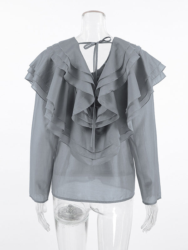 Long Sleeves Backless Ruffled Solid Color V-Neck Blouses&Shirts Tops