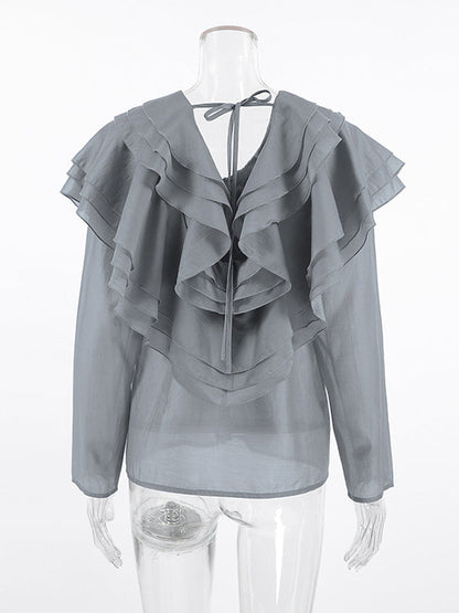 Long Sleeves Backless Ruffled Solid Color V-Neck Blouses&Shirts Tops