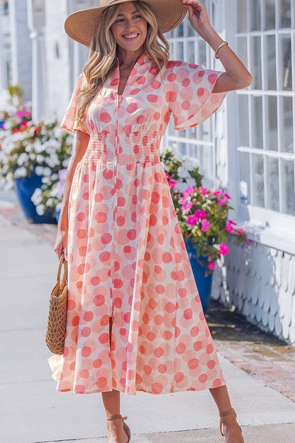 Pink Polka Dot Smocked Waist Midi Dress